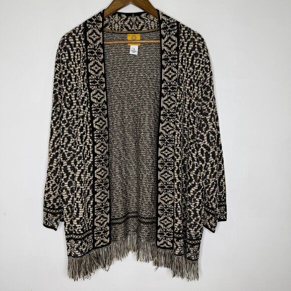 Ruby Rd Cardigan Sweater Womens 1X Black Tan Fringe Open Front Boho Knit Aztec - Picture 1 of 7